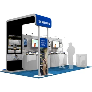 A trade show exhibit rentals with a modern design emblazoned with the Samsung logo.