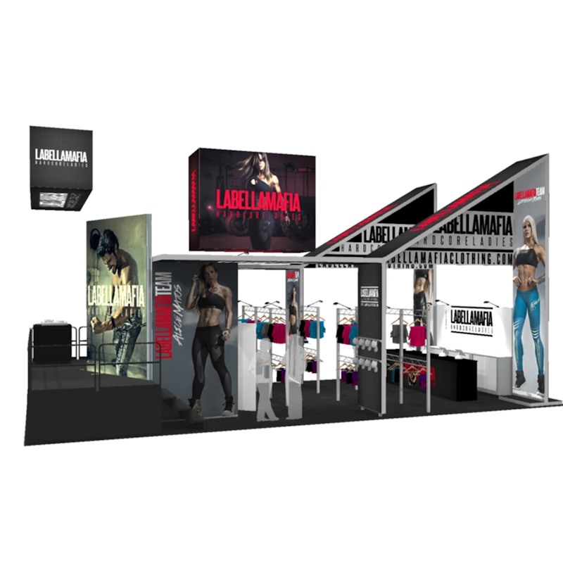 Labellamafia trade show exhibit rental showcasing large banners and clothing displays.