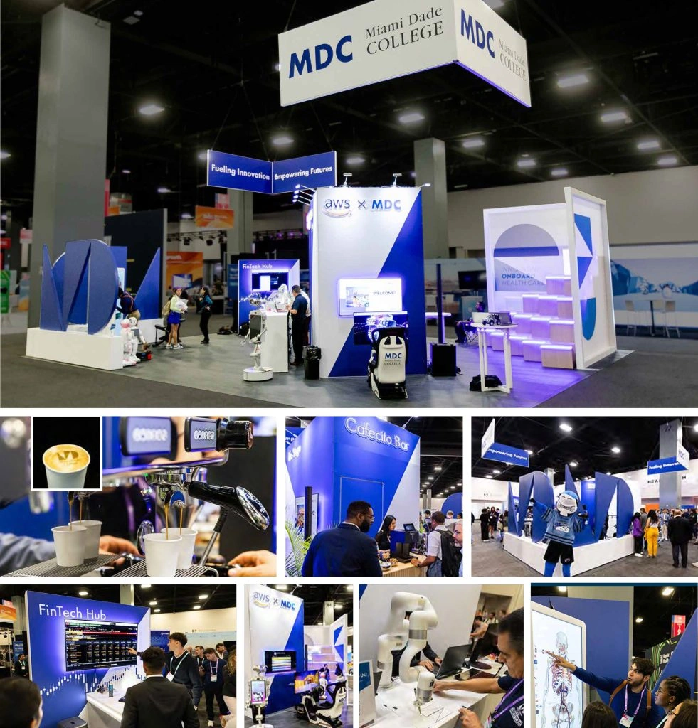 Interactive booths featuring MDC Miami Dade College, highlighting trade show exhibits for colleges and universities.