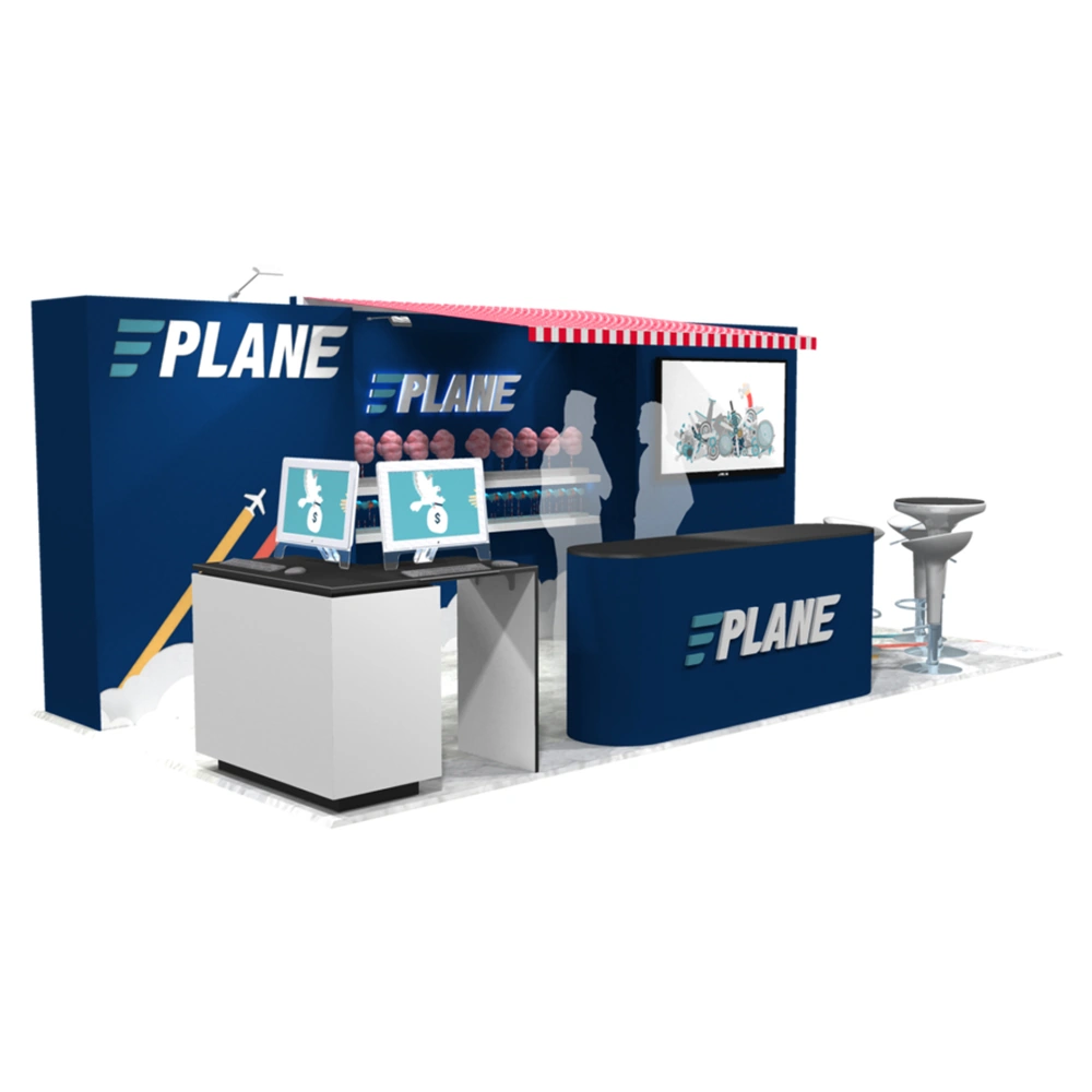 "Plane"custom trade show exhibit rental with blue backdrops, monitors, and counters.