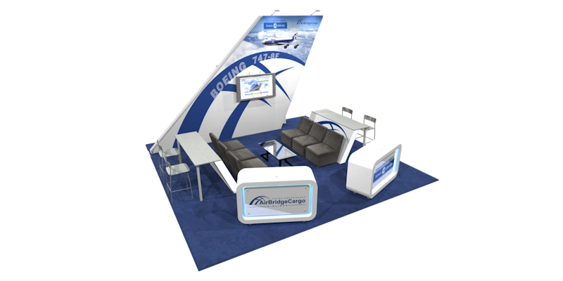 3D representation of blue and white trade show booth displays Fort Lauderdale.