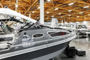 A boat featured for trade show displays at boat shows