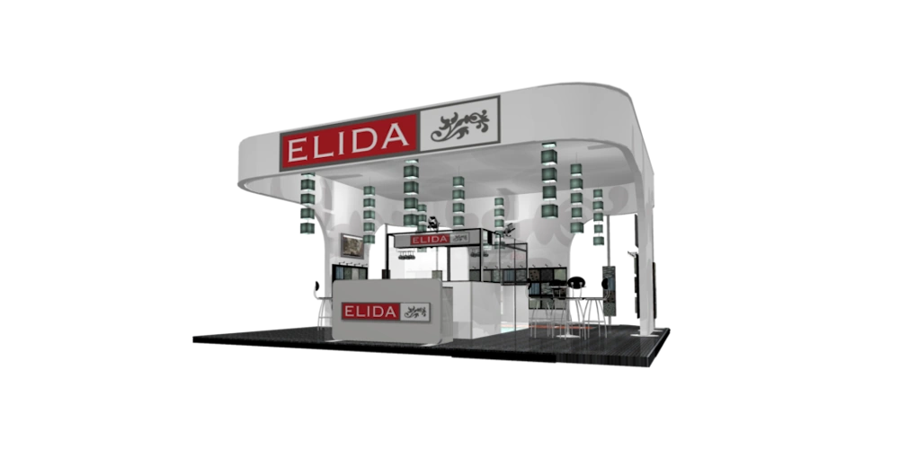 Portable trade show booths miami with the name "ELIDA" on a red banner and hanging green lights.