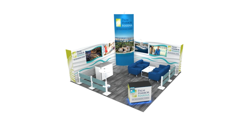 Trade show exhibits Miami for Palm Harbor Marina with display walls, seating area, and branding.