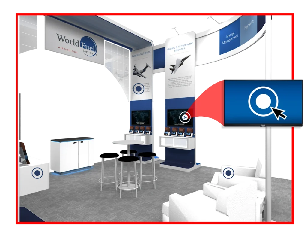 Trade show exhibits Miami with a red background, screens, seating, and "World Fuel Services" branding.