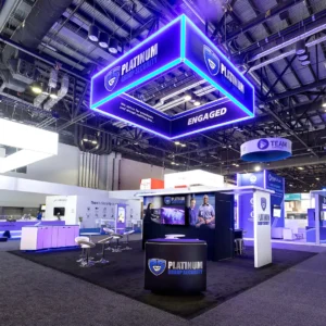 Custom Trade Show Exhibits for Platinum Group Security with a large, illuminated sign hanging from above.