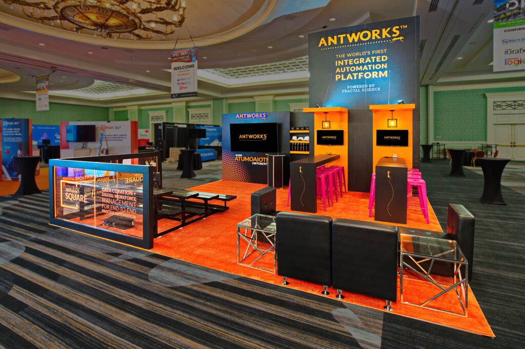 Orlando trade show booth rental for ANTWORKS with black and orange design