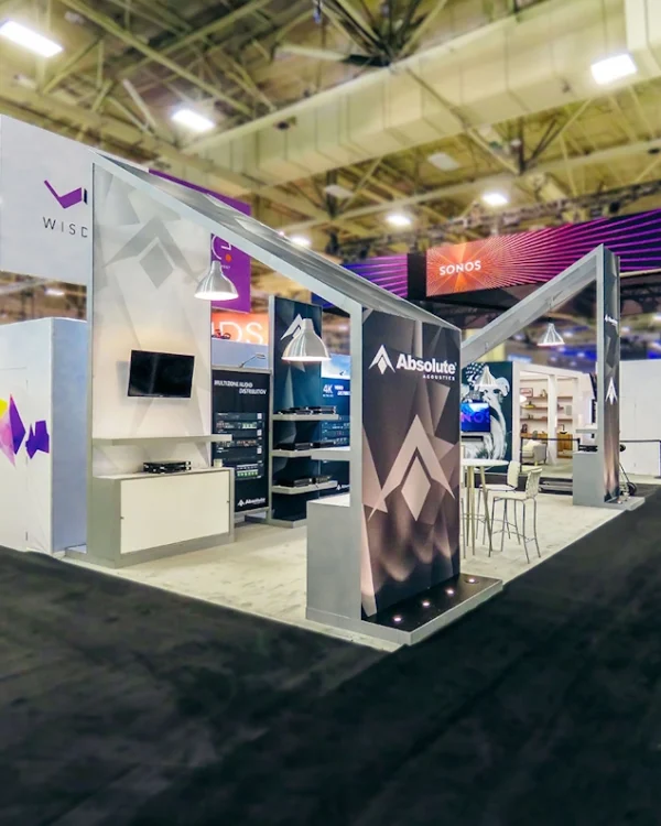 Absolute trade show displays Florida by Exhibit Craft Modern trade show displays in Florida with angular structures and "Absolute Acoustics" branding.